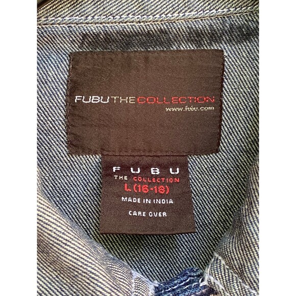 Vtg Y2K 90s Fubu Collection Denim Trucker Jacket Wax flap pocket accent Size Y/L - Picture 8 of 10